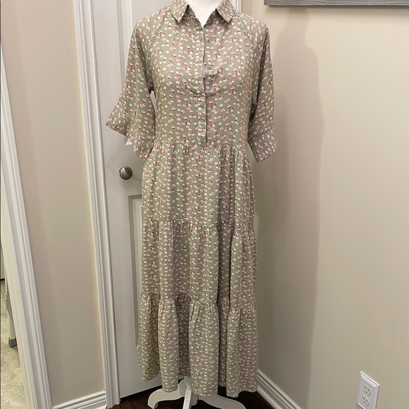 Ella Simone Green Floral Ruffled Tiered Maxi Dress MP Pockets 100% Rayon New! - Picture 2 of 16